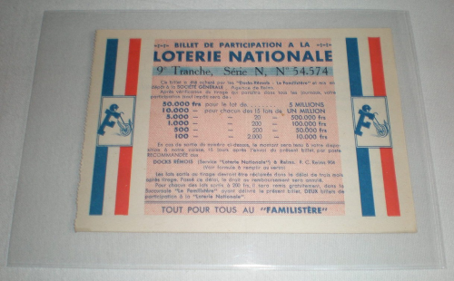Billet de participation à la loterie nationale. .
