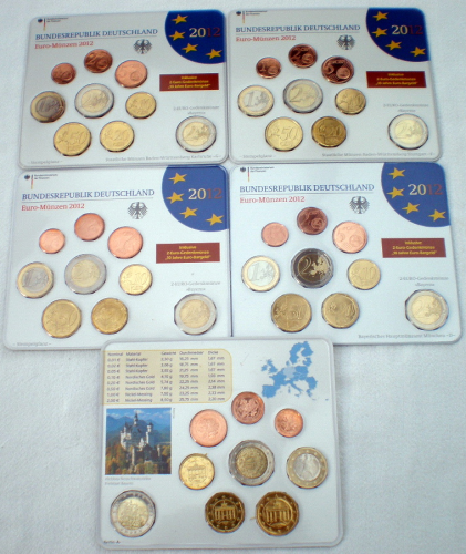 Allemagne  5 coffrets BU 2012 des 5  ateliers A,D,F,G,J inclus les  2 Euros commémoratives sans la 2 Euro courante.
