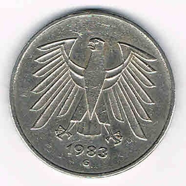 Pièce Allmagne de 5 pfennig Deutsche Mark, année 1983.G, monnaie de qualitée T.T.B. pièce livrée sous capsule .