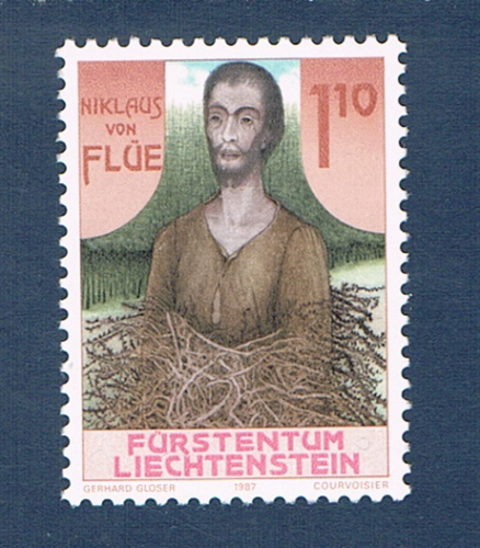 Timbres Liechtenstein émis en 1987. Réf Yvert & Tellier N° 861 neuf. Descriptif: Timbre 500ème anniversaire de la mort de Nicolas de Flûe du Liechtenstein.