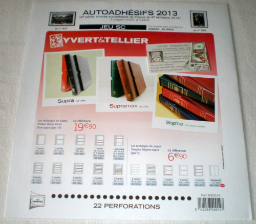 Jeu SC complémentaire France 2013 autoadhésifs 2ème partie feuilles luxes avec pochettes du N° AA61 à AA64. Réf Yvert & Tellier article 840014, type 22 perforations.