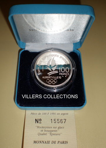 Pièce 100F argent 1991 Hockeyeurs sur glace et bouquetin