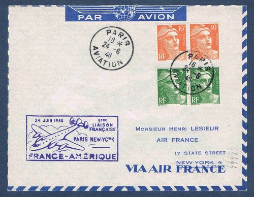 Lettre par Avion France Amérique 1er liaison Paris NEW-YORK