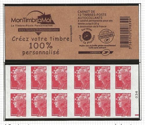 Carnet 12 timbres Marianne de Beaujard carré à droite MonTimbraMoi