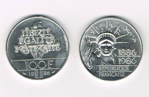 Pièce 100 Francs argent Liberté Statue1986