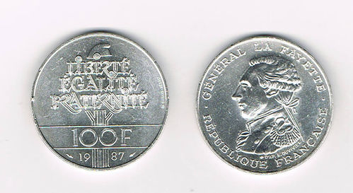 Pièce 100 Francs argent la Fayette 1987
