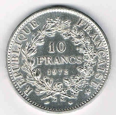 Pièce 10 Fr argent Hercule barbu debout de face 1972 TTB