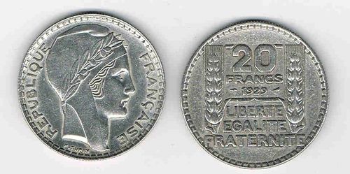 Pièce 20 Francs argent Turin 1929 Tête à droite République Française