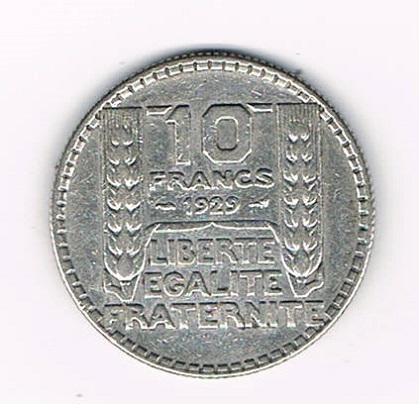Pièce 10 Francs argent Turin 1929 France Tête de la République