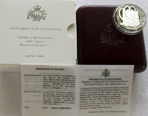 Saint Marin 2006 Pièce 5 Euro argent 500e anniversaire ANDREA MANTEGNA