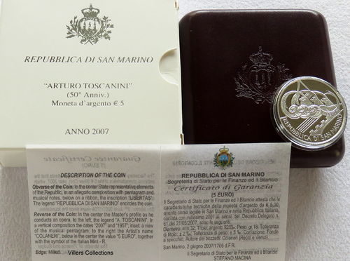 Saint Marin 2007 Pièce 5 Euro argent Portrait d'Arturo de Toscanini