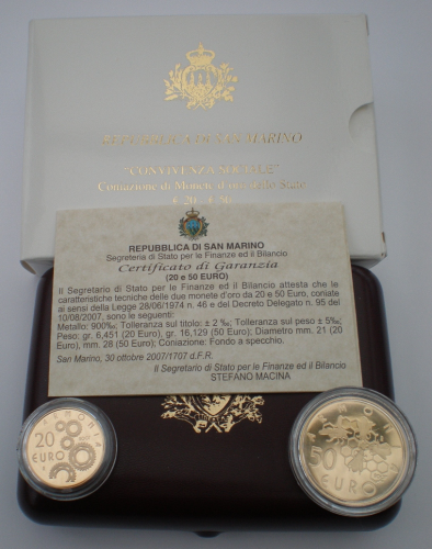 Pièce commémorative 20 et 50 Euro OR Saint-Marin année 2007, version Proof.