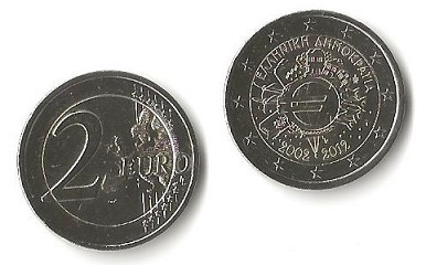 Pièce 2 Euros commémorative rare 2012 Grèce célébrant 10 ans de L'Euro