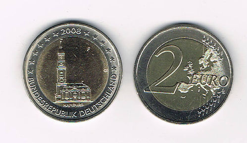 Pièce 2€ Allemagne 2008 Hambourg et l'église ST Michel
