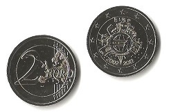 Pièce 2 Euros commémorative rare 2012 Irlande célébrant 10 ans de L'Euro