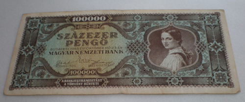 Billet de banque Hongrie 1945, valeur 100000  Pengo.