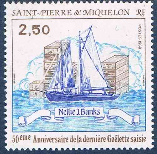 Timbre ST-Pierre-et-Miquelon, 1988  Réf Yvert & Tellier N° 492 neuf** gomme d'origine. description: 50ème Anniversaire de la dernière Goelette saisie.