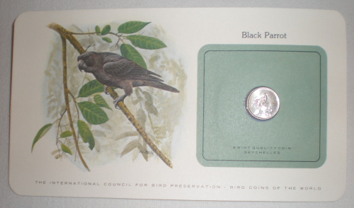 Carte lettre aux oiseaux du monde. Pièce Black  Parrot  Seychelles, année 1977. Lot N°35.