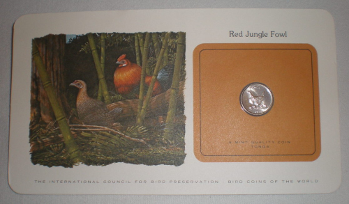 Carte lettre aux oiseaux du monde.  Pièce Red Jungle Fowl  Tonga, année 1979. Lot N° 36.