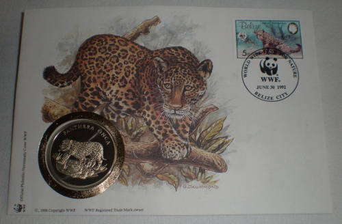 Enveloppe 1er jour, année 1992  WWF.  Médaille  Panthera Onca Belize City. Lot N° 62.