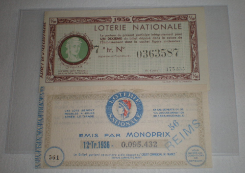 Billet 1936 Loterie Nationale émis par Monoprix Reims