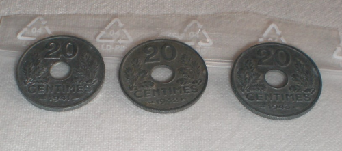 Pièces 20 centimes type état  français lot N°9  série de 3 pièces