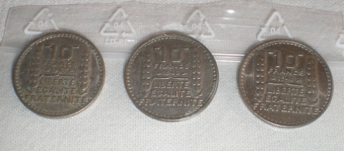Série trois pièces 10francs type Turin petite tête 1947-48-49