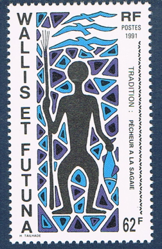 Timbre poste Wallis et Futuna, 1991. Réf Yvert & Tellier N°409. Neuf** gomme d'origine. Description: Tradition. le pêcheur à la sagaie.