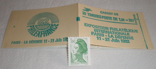 Carnet de 20 timbres type Liberté  Delacroix France, 1,60fr  vert N° 2 219  C1 gomme mate