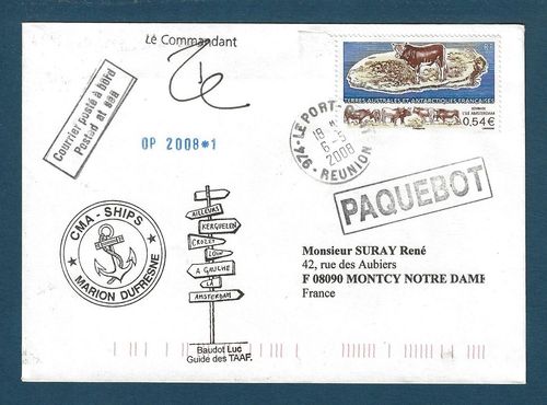 Enveloppe TAAF 2008 Courrier posté Paquebot cachets Réunion