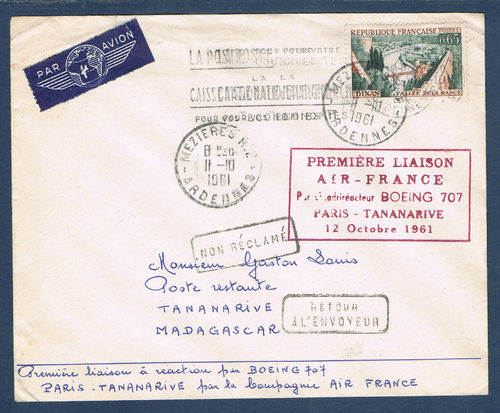 Enveloppe par avion liaison AIR France par Boeing 707 Paris