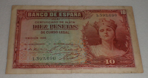Billet de banque Espagne,  année 1935 10 Pesetas.