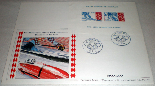 Enveloppe  premier jour  Monaco année 1994. N°1924 / 1925. Bloc N°63.  2 valeurs  Jeux olympiques.