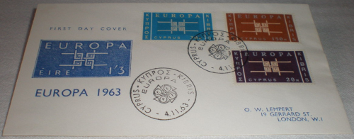 Enveloppe souvenir philatélique Europa Cyprus, année 1963.