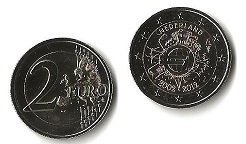 Pièce 2 Euros commémorative rare 2012 Pays Bas célébrant 10 ans de L'Euro