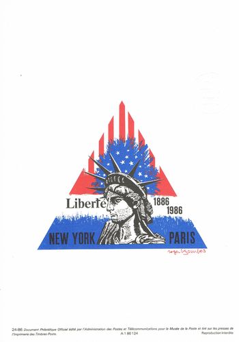 Document officiel statue de la Liberté 1889-1986 New York Paix