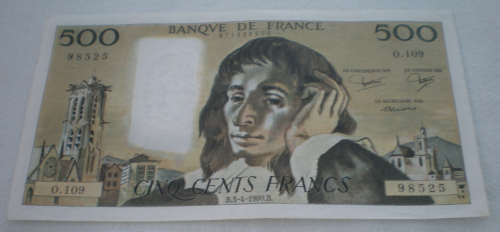 Billet de banque 500 Francs Pascal année B3.4 1980.B. N° série 0.109. Etat de conservation. TTB.