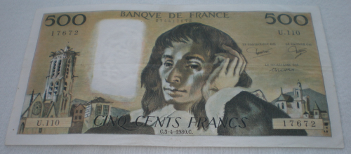 Billet de banque 500 Francs, Pascal,  année C3.4 1980.C. N° série U.110. Etat de conservation. TTB.