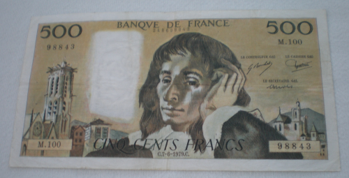 Billet de banque 500 Francs Pascal année C.7.6. 1979. C.N°série M.100. Etat de conservation.TTB.