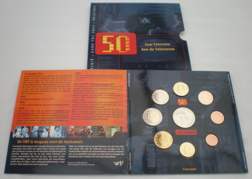 Monnaies  Belgique en coffret BU 2003 plus une médaille  ayant pour thème, 50 ans de télévision