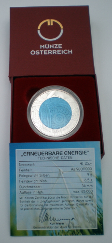 Pièce Autriche 25€  argent bleu énergie