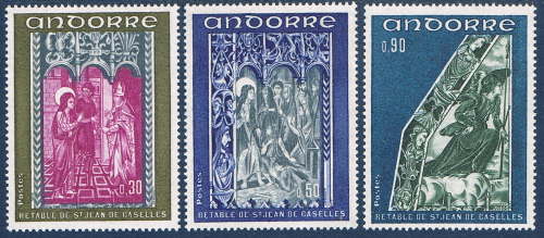 Timbres  Andorre français année 1972. Réf  221 /223 = 3 valeurs  Neufs** Retable de la chapelle de Saint-de Caselles  IV.