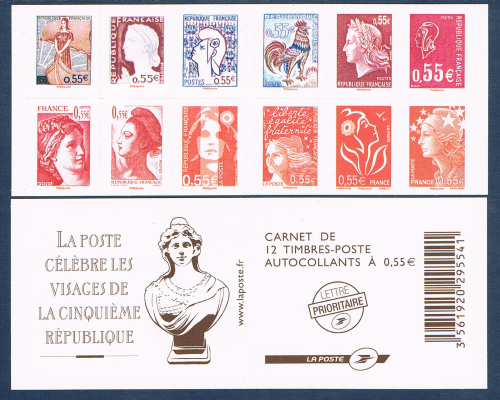 Timbres poste de France autoadhésifs, carnet émis en  2008. Réf Yvert & Tellier N°C1518 neuf. Description: Les visages de la Vème république.