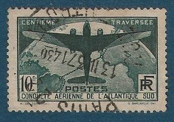 Timbre 1936 type 10f vert foncé N°321 oblitéré traversée aérienne