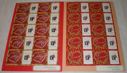 Paire de deux feuillets Saint Valentin Coeurs, papier adhésif feuillets de 10 TP