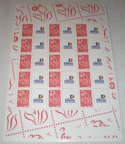 Bloc feuillet Marianne de Lamouche gommé, feuille de 15 timbres attenants chacun à une vignette personnalisée avec logo de la poste, année 2005.