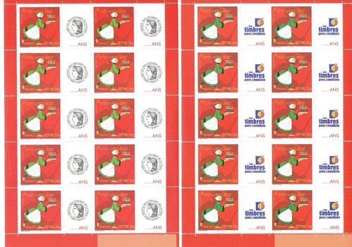 Feuilles 10 timbres Bécassine avec une vignette logo Cérès + TTP