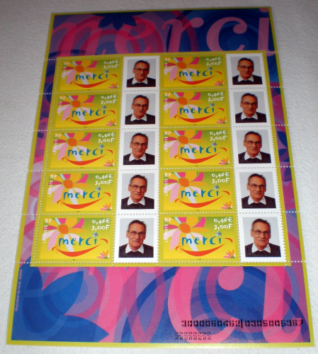 Bloc feuillet timbres message Merci, papier gommé de 10 timbres attenants chacun à une vignette personnalisée avec logo privé, année 2001.