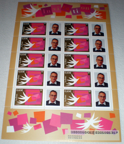Bloc feuillet timbres de Invitations  papier gommé feuille de  10 timbres avec vignette  personnalisée et logo privé Photo.