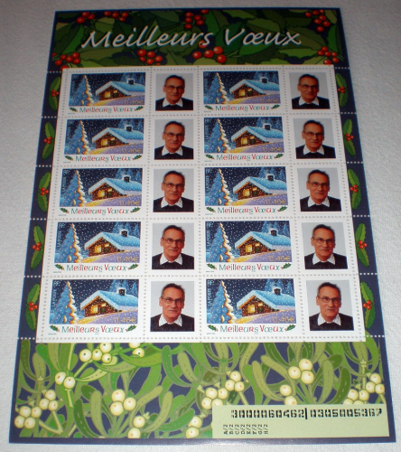 Bloc feuillet timbres meilleurs voeux, papier gommé feuille de 10 timbres attenants chacun à une vignette avec logo privé Photo, année 2002.